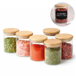 Pote Hermético de Vidro Kit 6 Unidades 200ml Tampa Bambu Vedação Silicone Cozinha Organizada