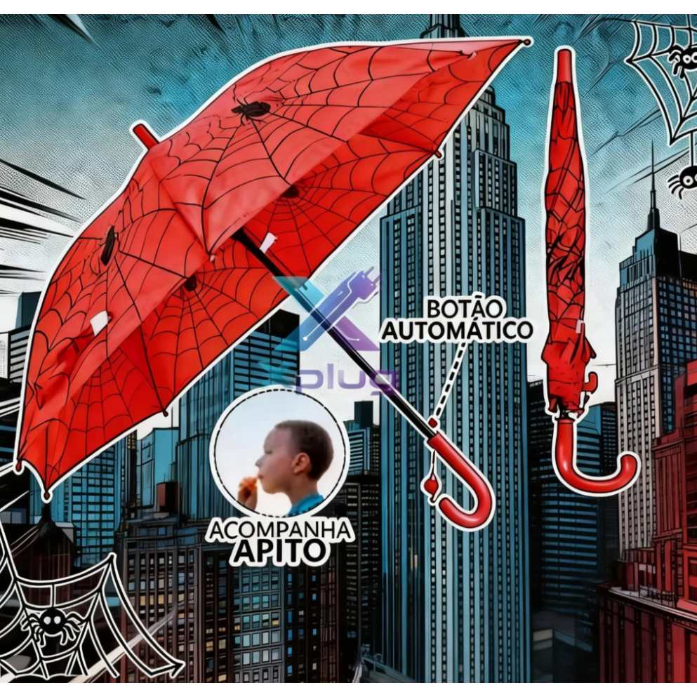 Guarda Chuva Infantil Aranha Automático Reforçado com Apito Sombrinha Criança Anti Vento