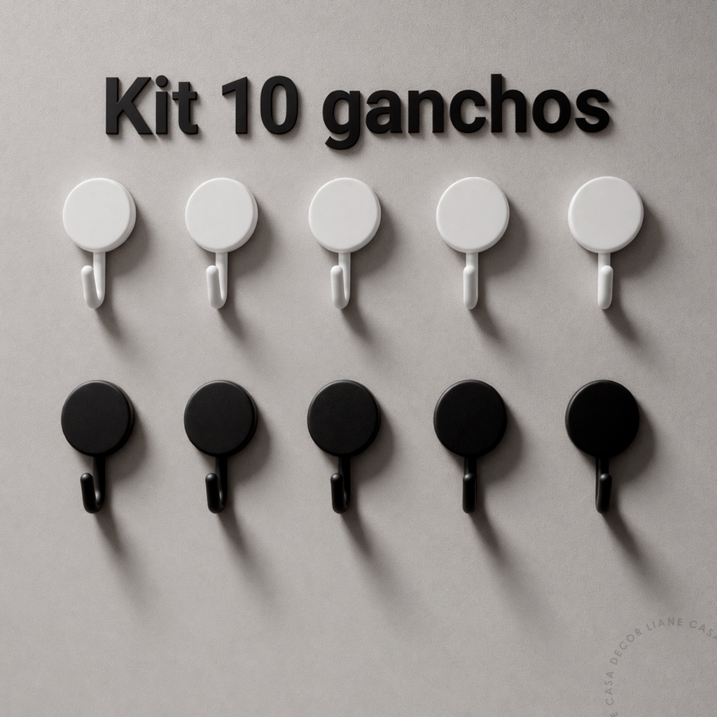 Kit 10 Ganchos Adesivos Organizador Multiuso Plástico Parede Preto e Branco Dupla Face