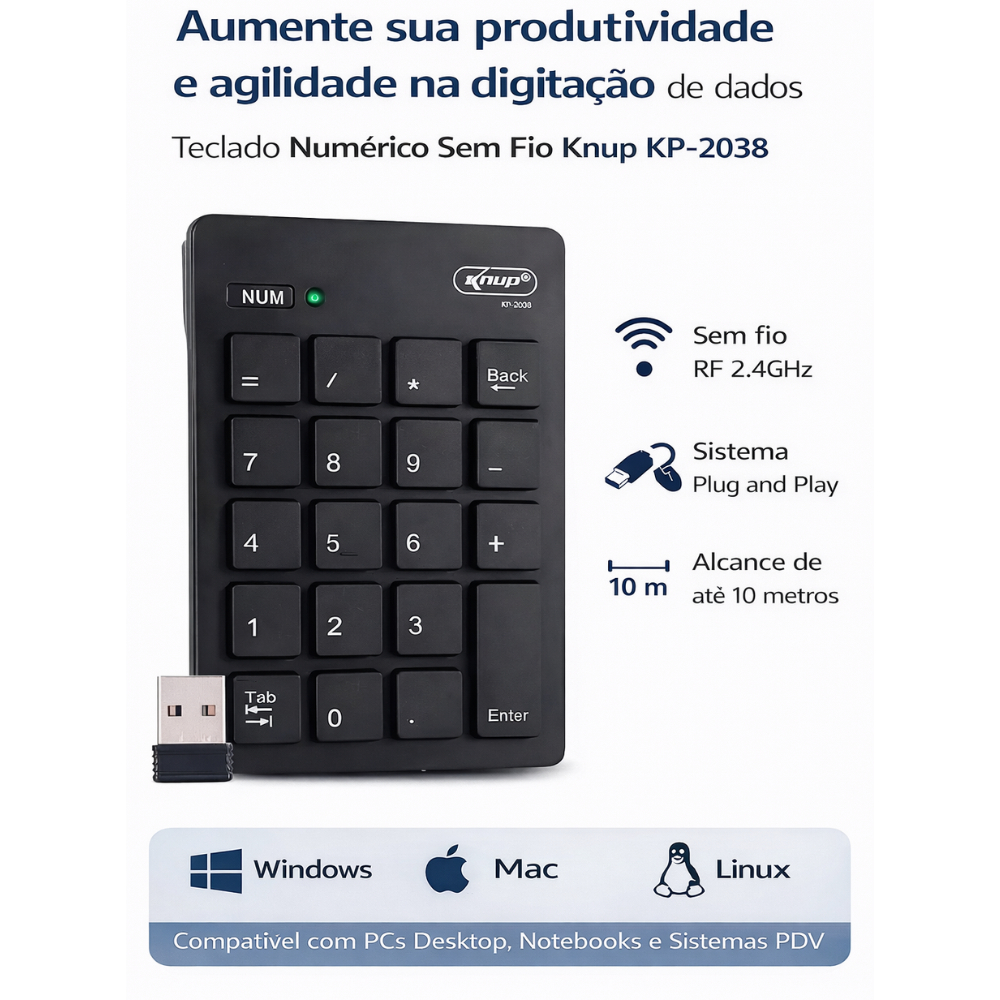 Teclado Numérico Sem Fio Para PC, Notebook, Caixa Mercado Knup