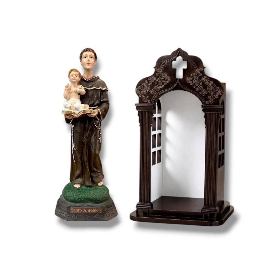 Santo Antonio Resina Imagem 15cm com Capela Oratório Madeira Mdf