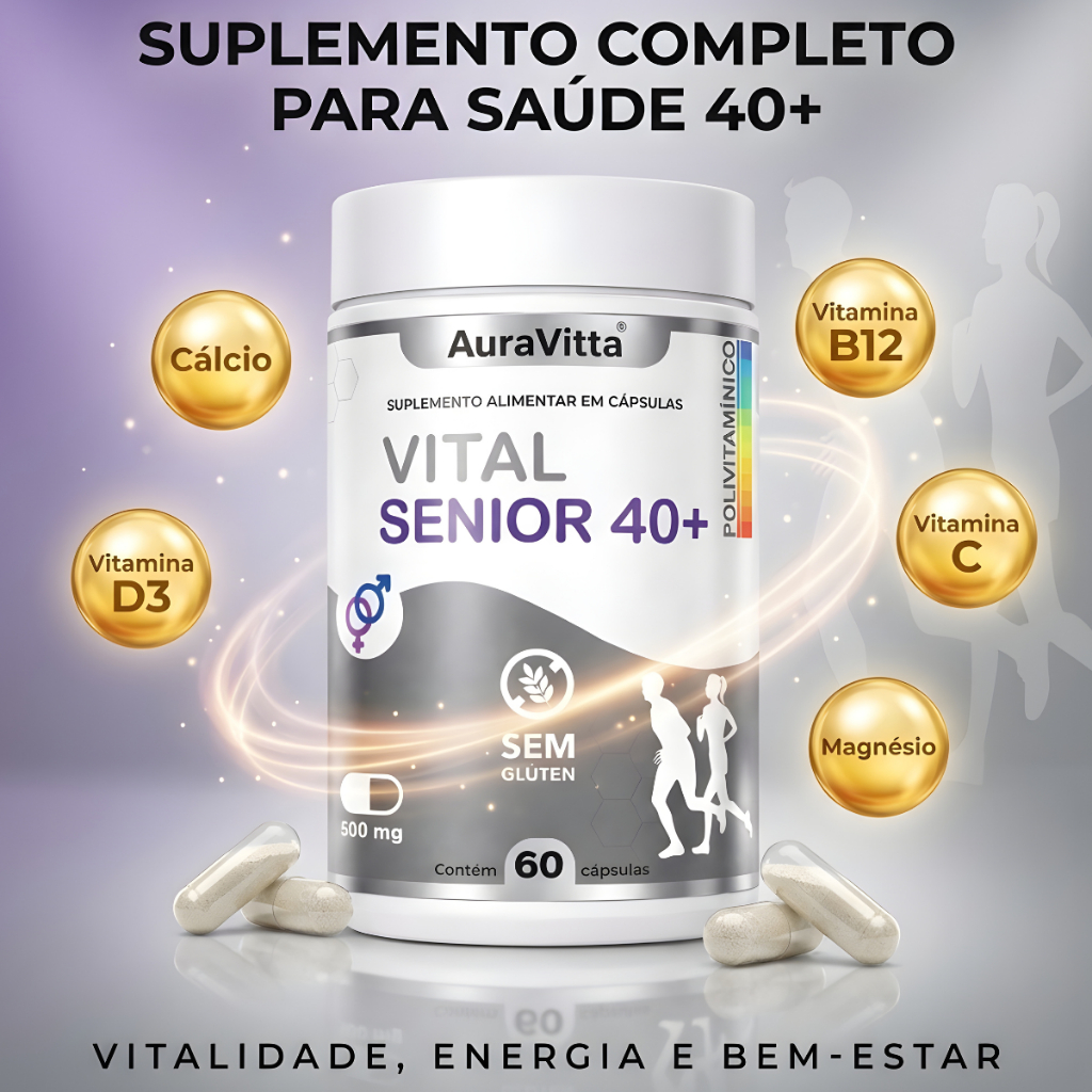 Polivitamínico Vital Sênior 40+ Vitaminas Minerais essenciais Cálcio B12 D3 Multivitamínico 60 Cáps