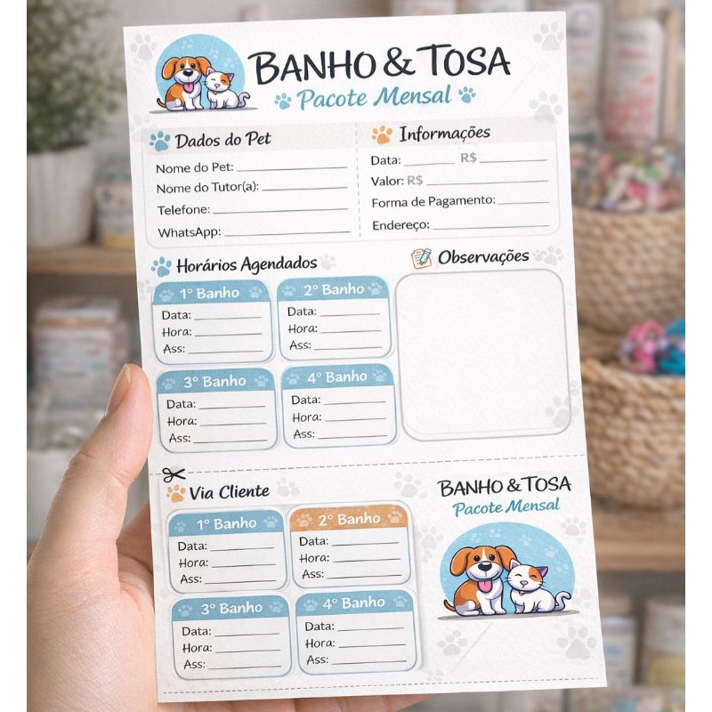 Bloco Banho e Tosa Pet Shop Controle Mensal Agendamento Banho Pet Profissional 14x21 cm