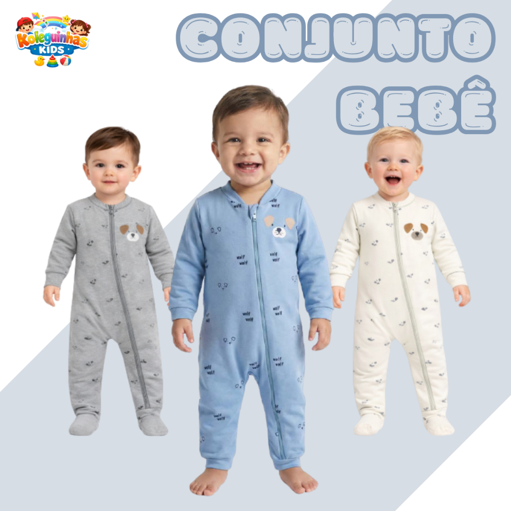 Macacão Peluciado Bebê Menino de Moletom com Zíper Estampa Cachorrinho 100% Algodão Inverno Conforto