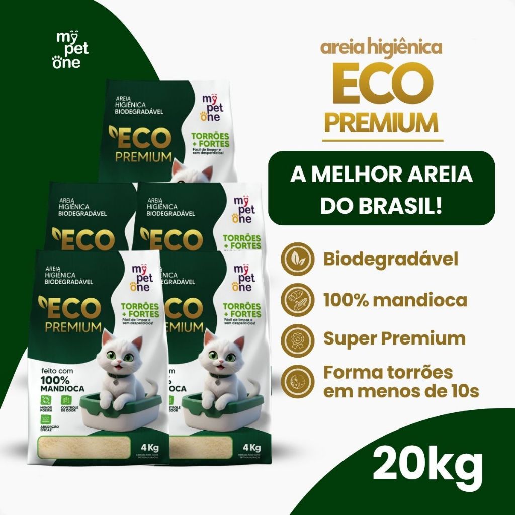 Kit com 5 Areia Biodegradável 4kg Eco Premium Grãos Finos Mandioca - MyPetOne