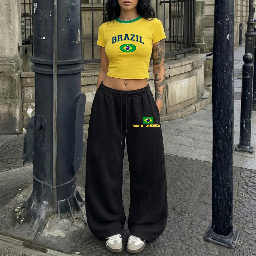 Cropped e Calça Moletom Baggy Wide Burguesa Brazil Moda Verão Torcida Copa Moda Style Tendência