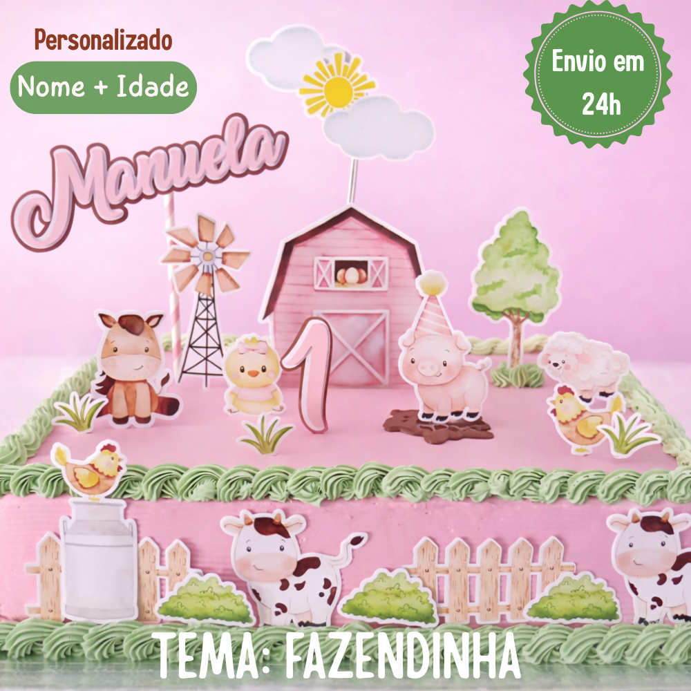 Topo de Bolo Fazendinha Rosa Aquarela Personalizado Nome e Idade Menina Festa Infantil - Envio Rápido 24h