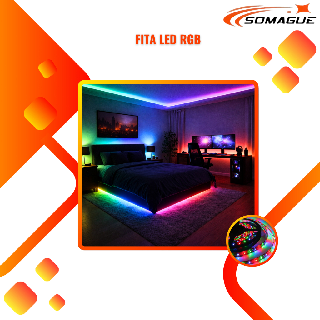Fita Led Rgb 3528 Colorida 5m + Controle Com Ou Sem Fonte  300 Led Pra Decoração Casa Loja Gesso Teto Sanca Vitrine