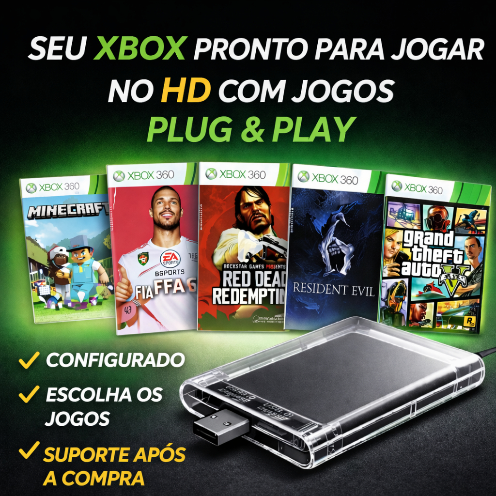 HD 500GB XBOX 360 C/ DESBLOQUEIO E 65 JOGOS PERSONALIZÁVEIS PRONTO PARA JOGAR