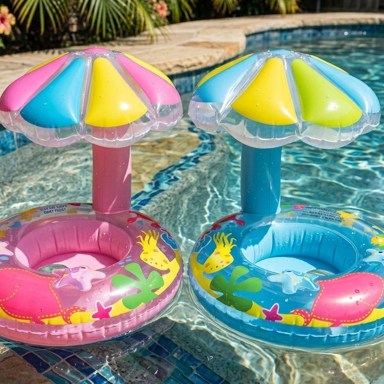 Boia Inflável Bebê Com Cobertura Cogumelo Assento Fralda Seguro e Proteção UV Para Piscina