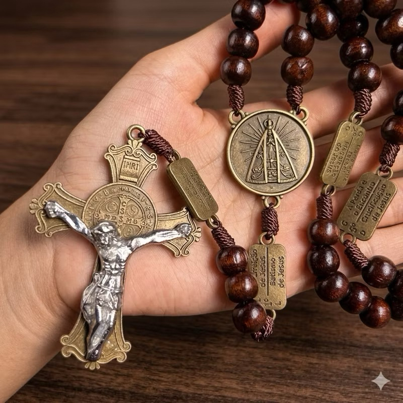 Terço De Madeira Nossa Senhora Aparecida Mistério Da Contemplação Rosário Religioso