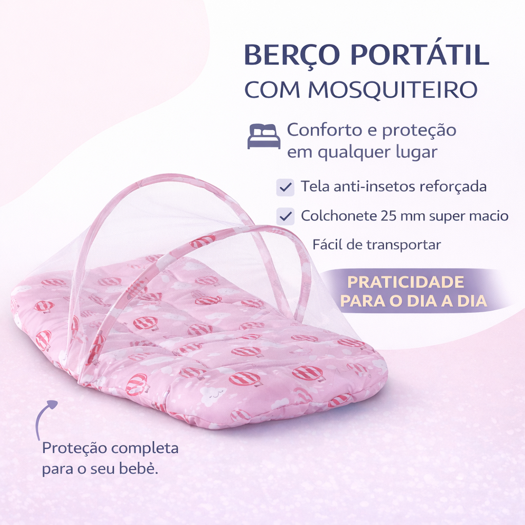 Berço Portatil Bebe com Mosquiteiro Ninho Redutor Acolchoado com Tecido Estampado 100% Algodão