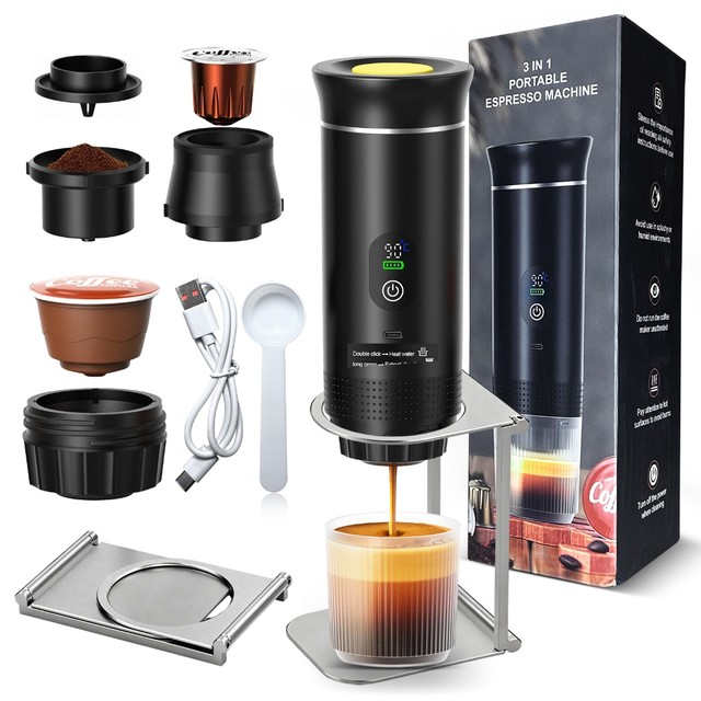 Máquina de Café Portátil 3 em 1 com Extração de Alta Pressão, Suporta Cápsulas e Pó