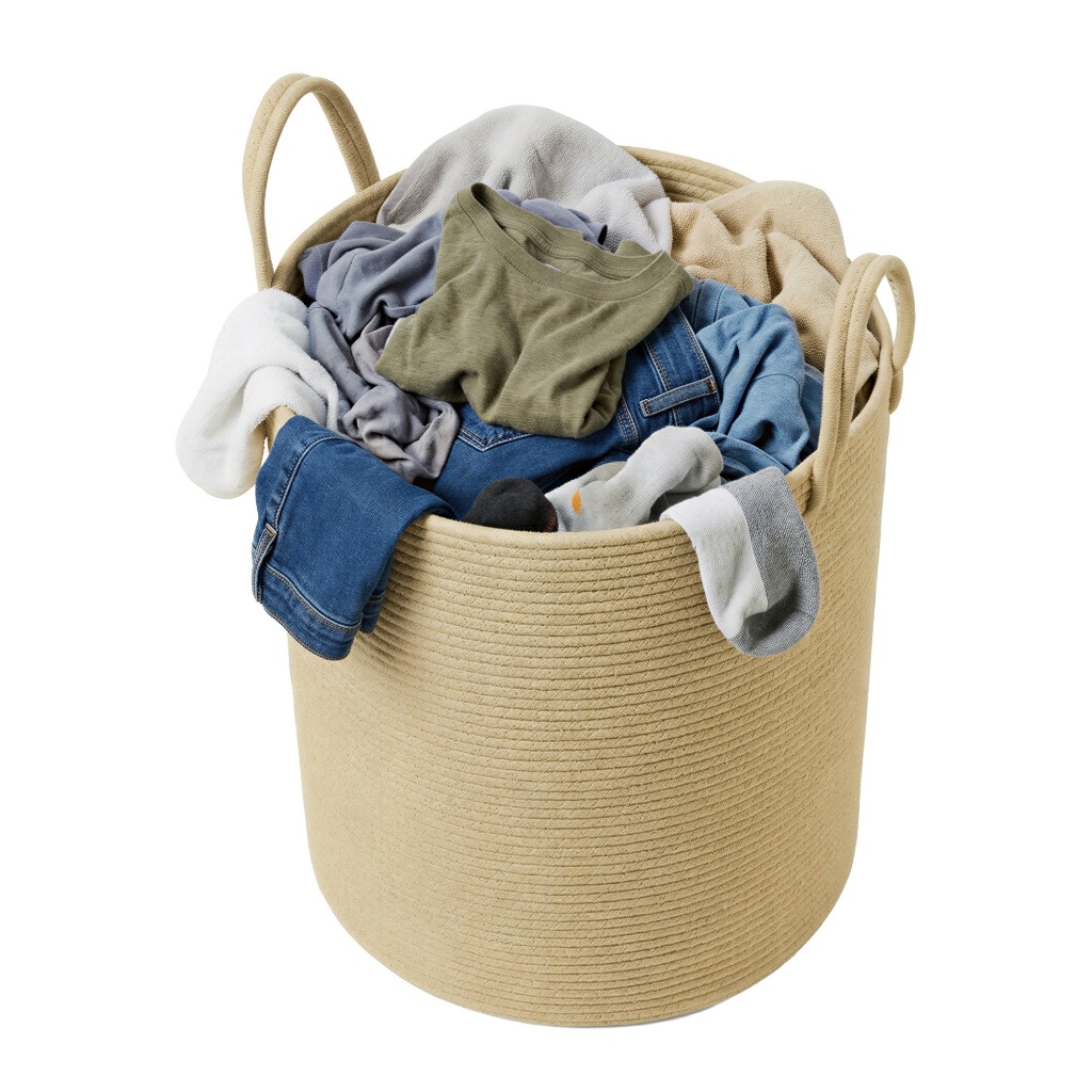 Imagem SONGMICS Cesto organizador de roupas de algodão com alças, cesto de brinquedos para crianças, 60L, branco e marrom