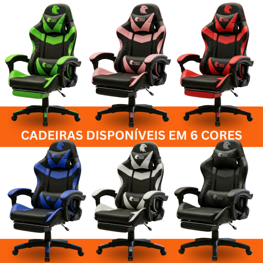 Imagem Cadeira gamer Ergonômica Reclinável Altura Ajustável Reclina Couro Sintético Giratória