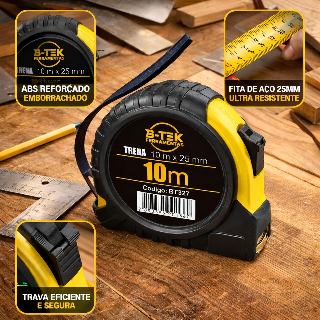 Trena Retrátil Profissional 5 e 10 Mts X 25mm Emborrachada Com Trava em aço Suporte para Cinto Alça