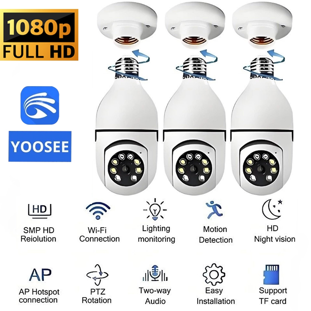 KIT 3 1080P Câmera Segurança APP-Yoosee Wi-Fi 360 Infravermelho Prova D'água visão notturna Lâmpada Sem Fio