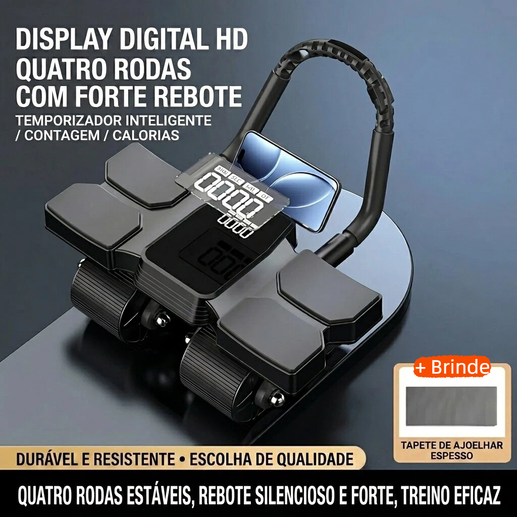 Roda abdominal profissional com suporte para celular e painel inteligente, silenciosa e antiderrapante.