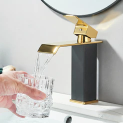 YESOP Torneira Preto Dourado Banheiro Cascata Quadrado Misturador Monocomando Luxo 18cm Para Lavabo