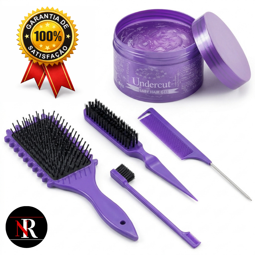 Kit Escovas Fitagem Cachos + Kit Baby Hair Escovinha e Gel Profissional AntiFrizz Definição Perfeita