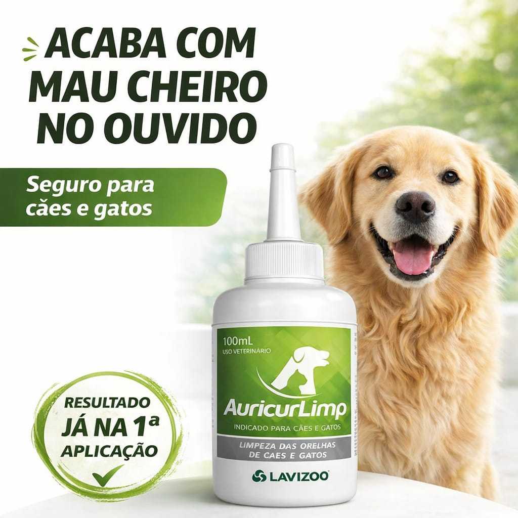 Solução Limpeza Ouvido Cães e Gatos Auricur Limp 100ml Lavizoo | Elimina Mau Cheiro e Sujeiras