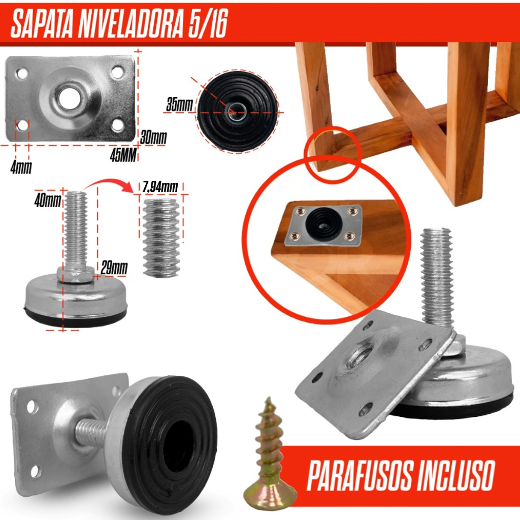 Kit 10 Nivelador Redondo Preto Metal com Chapa e Parafuso Acabamento Moderno Estilo Industrial
