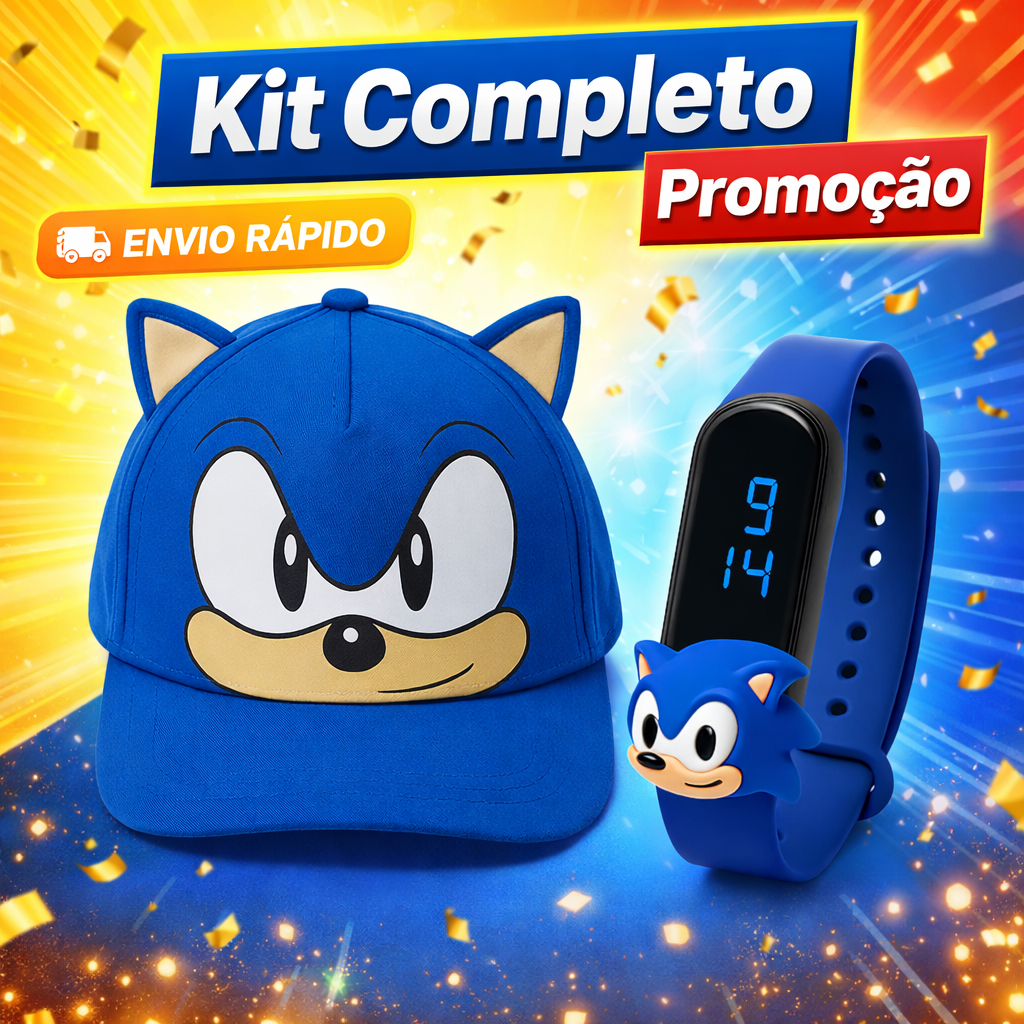 Kit Boné Infantil Sonic + Relógio Digital Prova D’Água Menino Ajustável Azul Personagem
