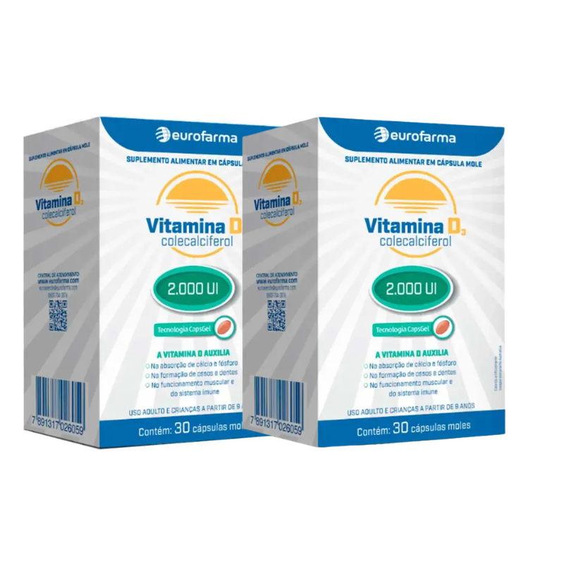 Kit C/2 Vitamina D3 2.000UI Eurofarma 30 cápsulas