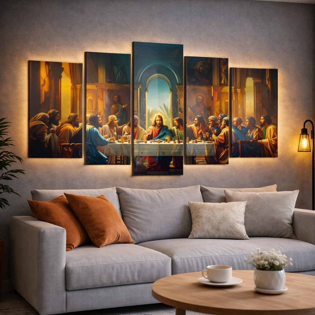 Quadros Decorativos Santa Ceia Colorido Releitura Moderna Quarto Mosaico 5 Peças