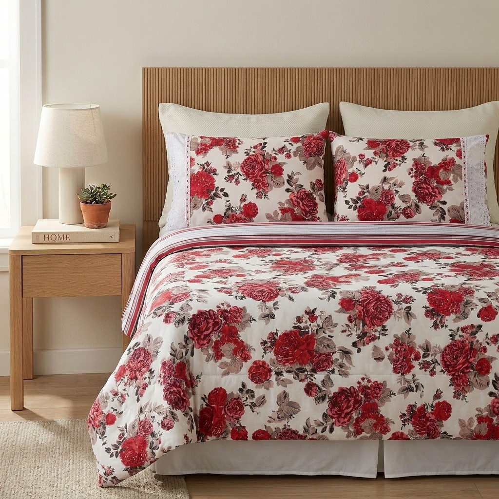 Jogo de Cama Casal 4 Peças Poliéster Estampado Elástico Total 30cm Cama Box Linha Charme Promoção