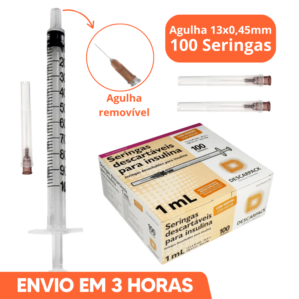 100un Seringa Descartável de Insulina 1ml Com Agulha 13x0,45mm Marca Descarpack em Oferta na Shopee