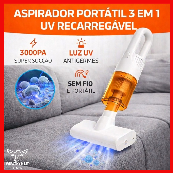 Aspirador Portátil De Pó Multiuso 3 Em 1 - Alta Sucção E Recarregável Luz UV | 3000PA | Ideal Para Sofás E Colchões