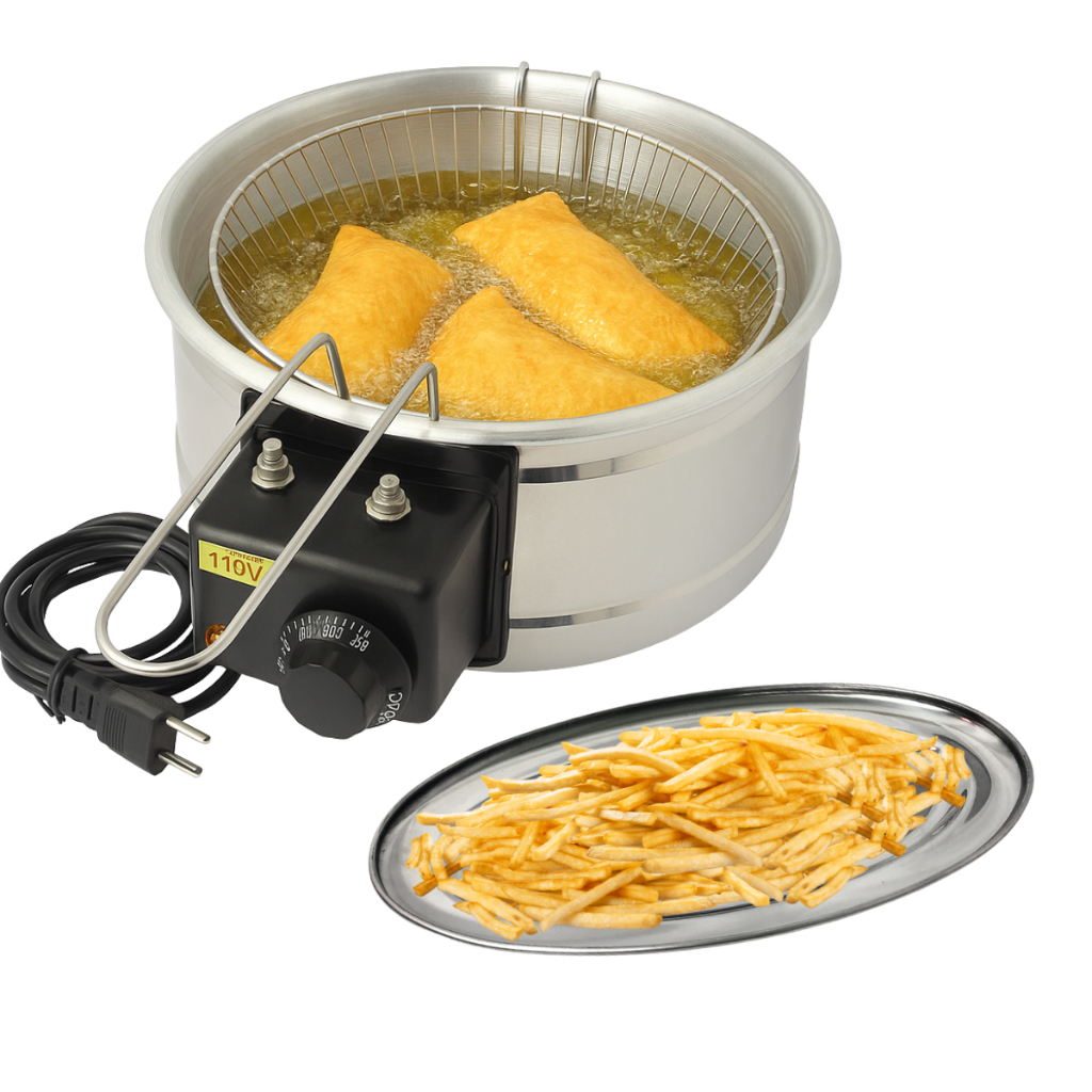 Kit Fritadeira Elétrica Tacho Redonda 3,5L + Travessa em Inox 29cm para servir Frituras Batatas
