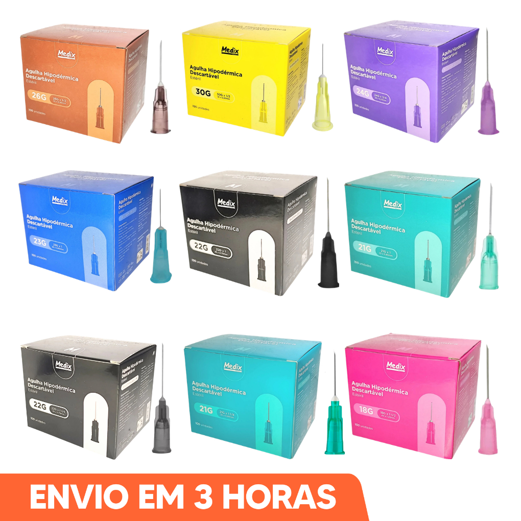 100un Agulha Hipodérmica Descartável Todos Tamanhos Marca Medix