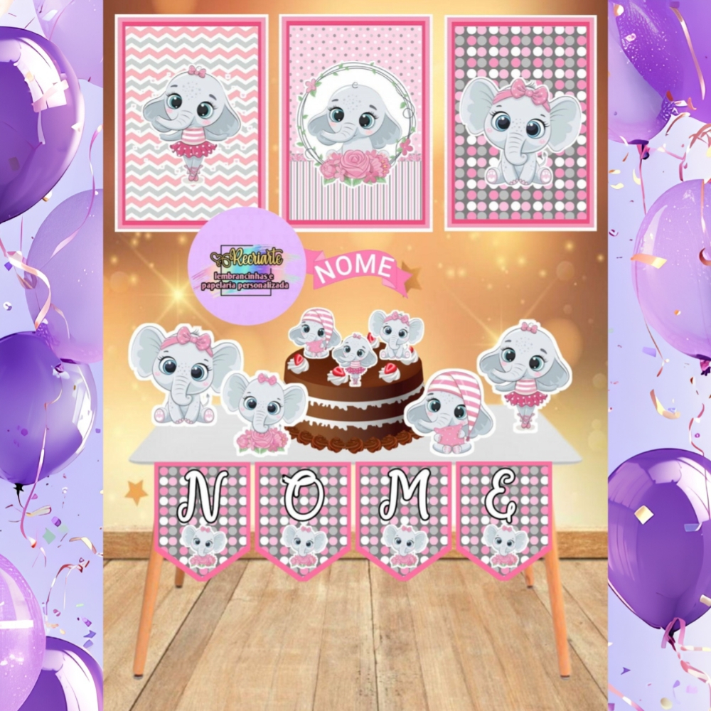 Kit festa Só um bolinho ELEFANTINHA - Decoração de Aniversário - Festa Infantil - Kit festa em Casa - Mêsversário