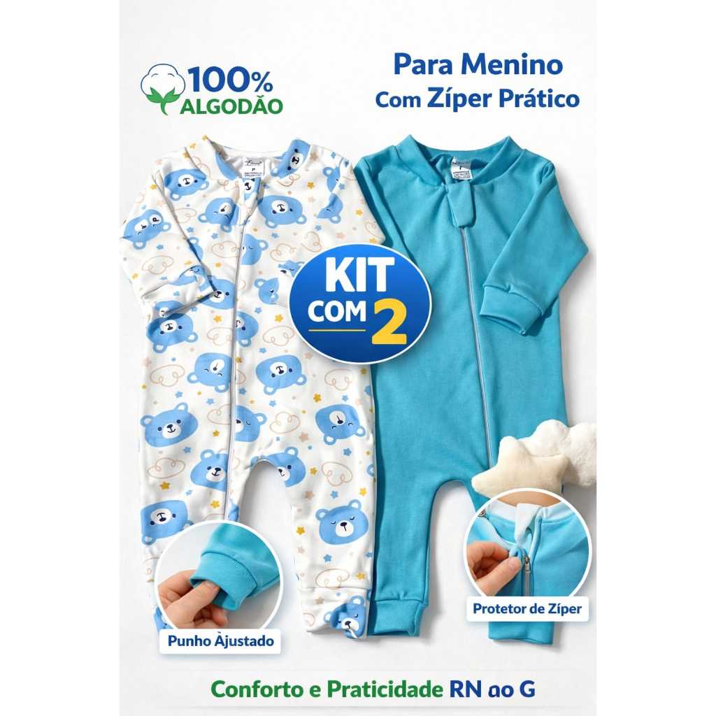 Kit 2 Macacões Bebê Suedine 100% Algodão com Zíper – Conforto + Praticidade RN ao G