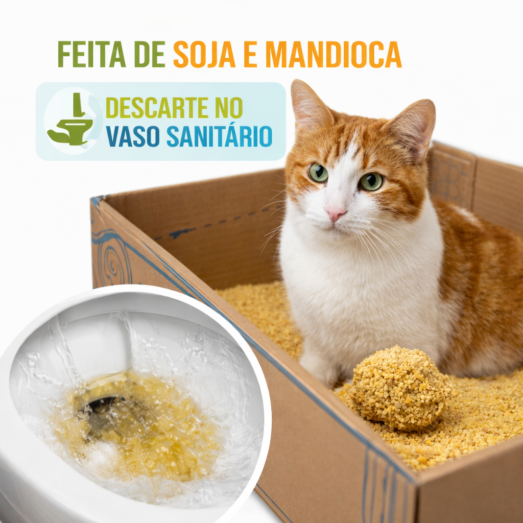 Areia Gato descarte no vaso sanitário 6,6KG hidrossolúvel soja milho e mandioca BIODEGRADAVEL