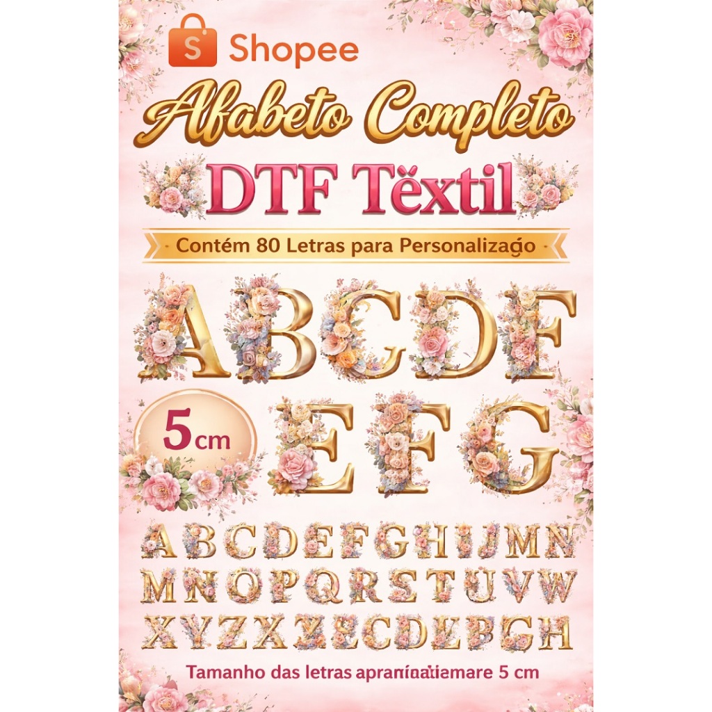 DTF Têxtil Monograma, Emblema, Letra, Alfabeto, Patch Termocolante– Alfabeto Dourado Dia das Mães