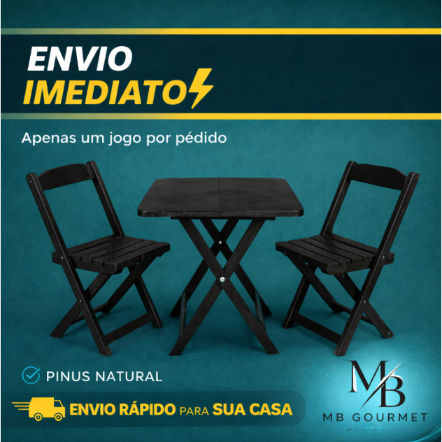 Jogo de Mesa Bar Dobrável Madeira Pinus 70x70 Com 2 Cadeiras