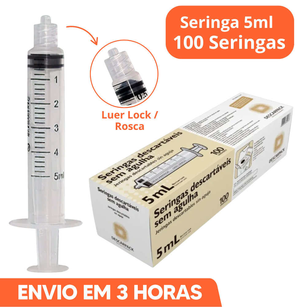 100un Seringa 5ml Bico Rosca Luer Lock Descartável Marca Descarpack