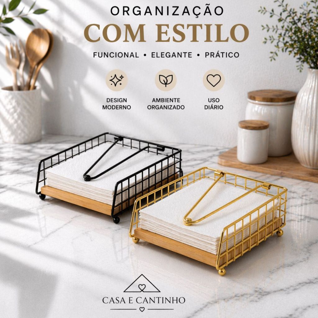 Porta Guardanapo Preto ou Dourado Suporte De Papel Toalha Bambu Organizador Multiuso Para Cozinha