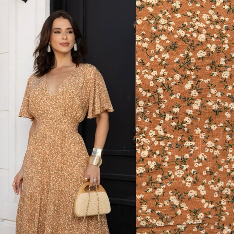 VESTIDO longo FLORAL gola V manga FLER Primavera Verão