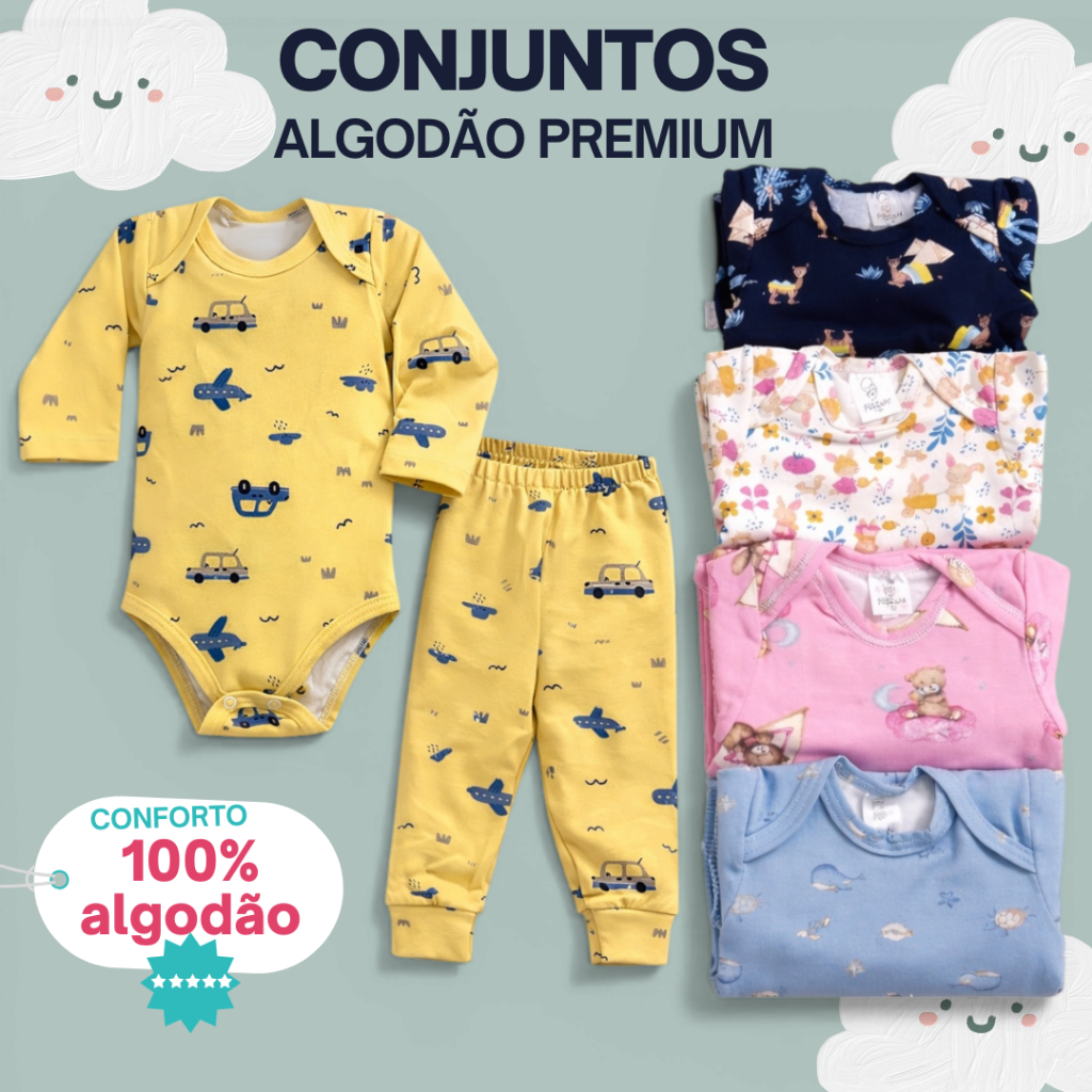 Kit 2 peças body Minimalista bebê manga longa calça algodão unissex RN ao G