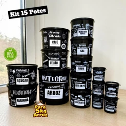 Kit Conjunto Potes Porta Mantimentos Condimentos Pretos Cozinha Organização Casa Alimentos
