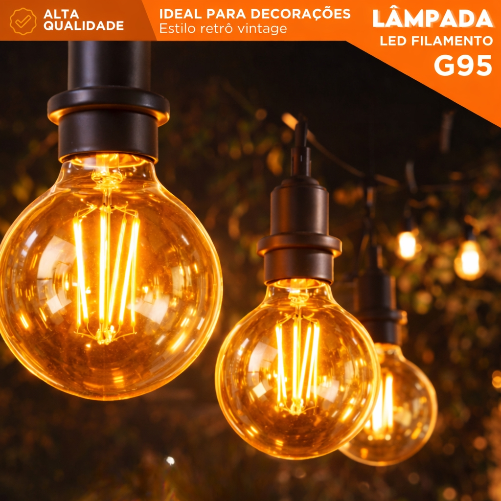 Lâmpada LED Filamento G95 Vintage Retrô E27 4W 2200K Luz Quente Bivolt Iluminação Decorativa