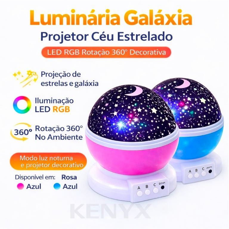 Imagem Luminária Galáxia Projetor Céu Estrelado LED RGB Rotação 360° Luz Noturna Relaxante Crianças  Abajur