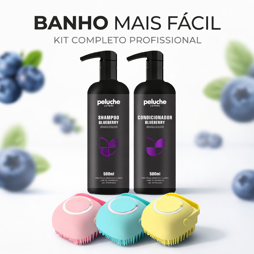 Kit Banho Pet Shampoo Branqueador + Condicionador Blueberry + Escova Silicone Dispenser