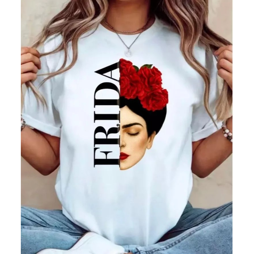 CAMISETA FEMININA 100% ALGODÃO MANGA CURTA CASUAL ESTAMPA "FRIDA"