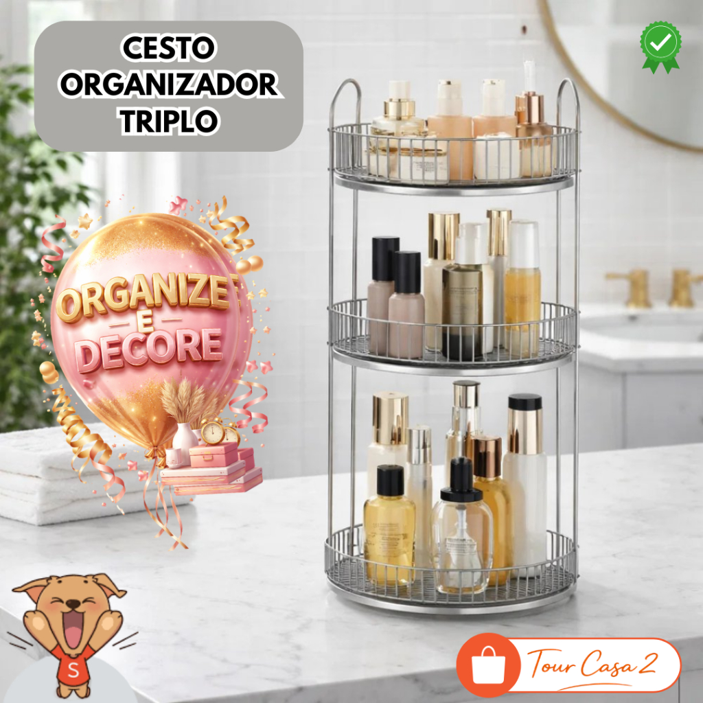 Cesto Triplo Organizador Cozinha Banheiro Quarto Rack Prateleira Perfume Maquiagem Decoração
