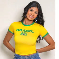 Blusa do Brasil Feminina - Baby Tee do Brasil Manga Curta - Blusa Feminina Copa do Mundo 2026 - Blusa Brasil Seleção